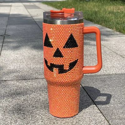 Design Halloween 40oz Rhinestone Tumbler mit Kürbismuster und Edelstahl