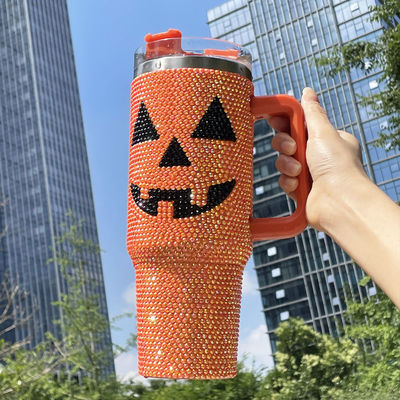Design Halloween 40oz Rhinestone Tumbler mit Kürbismuster und Edelstahl